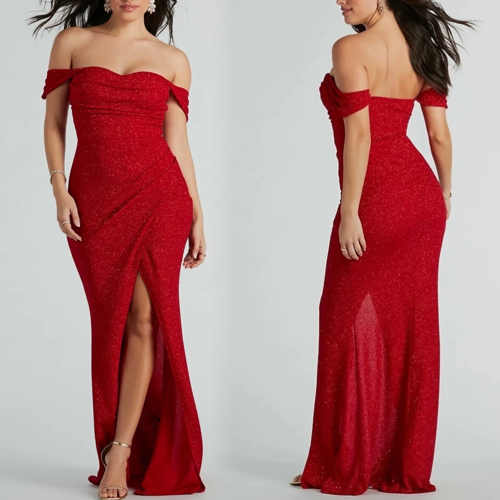 Windsor Red Glitter Ruched Off-Shoulder Formal Gown Holiday Party Evening Dress